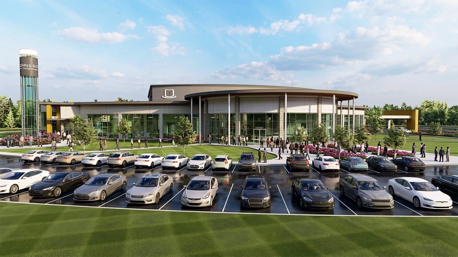 Architectural rendering of In His Presence Arena, a curved auditorium behind a filled parking lot