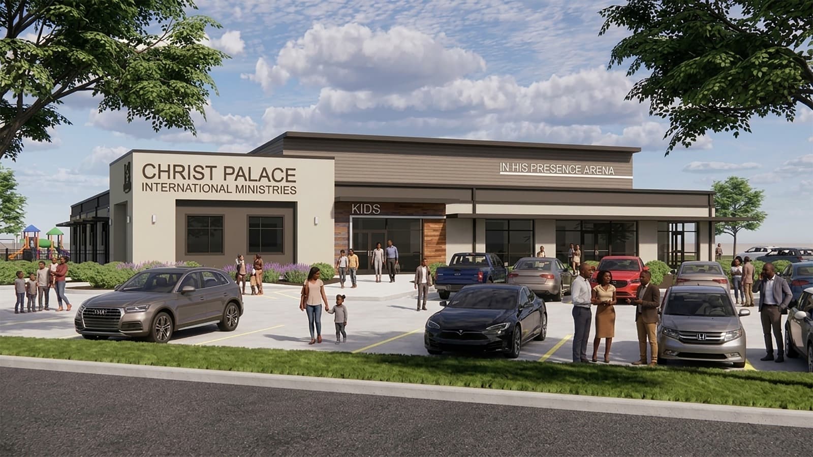 Architectural rendering of the Phase 1 building, with the Christ Palace name over the entrance and a kids wing beside it